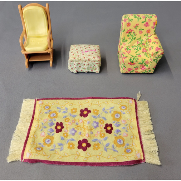 Loving Family Doll House Furniture Rocking Floral Chair Ottoman Throw Rug Toys - Picture 1 of 11